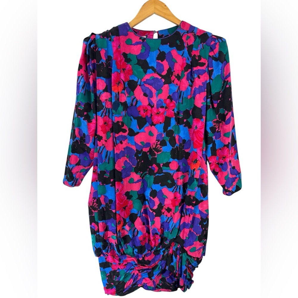 Vintage 90s Flora Kung 100% Silk Bright Floral Dress Puff Sleeve Ruched Hem